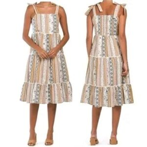 Lucky Brand Floral Stripe Shoulder Tie Smock Tiered Cotton Summer Midi Dress S